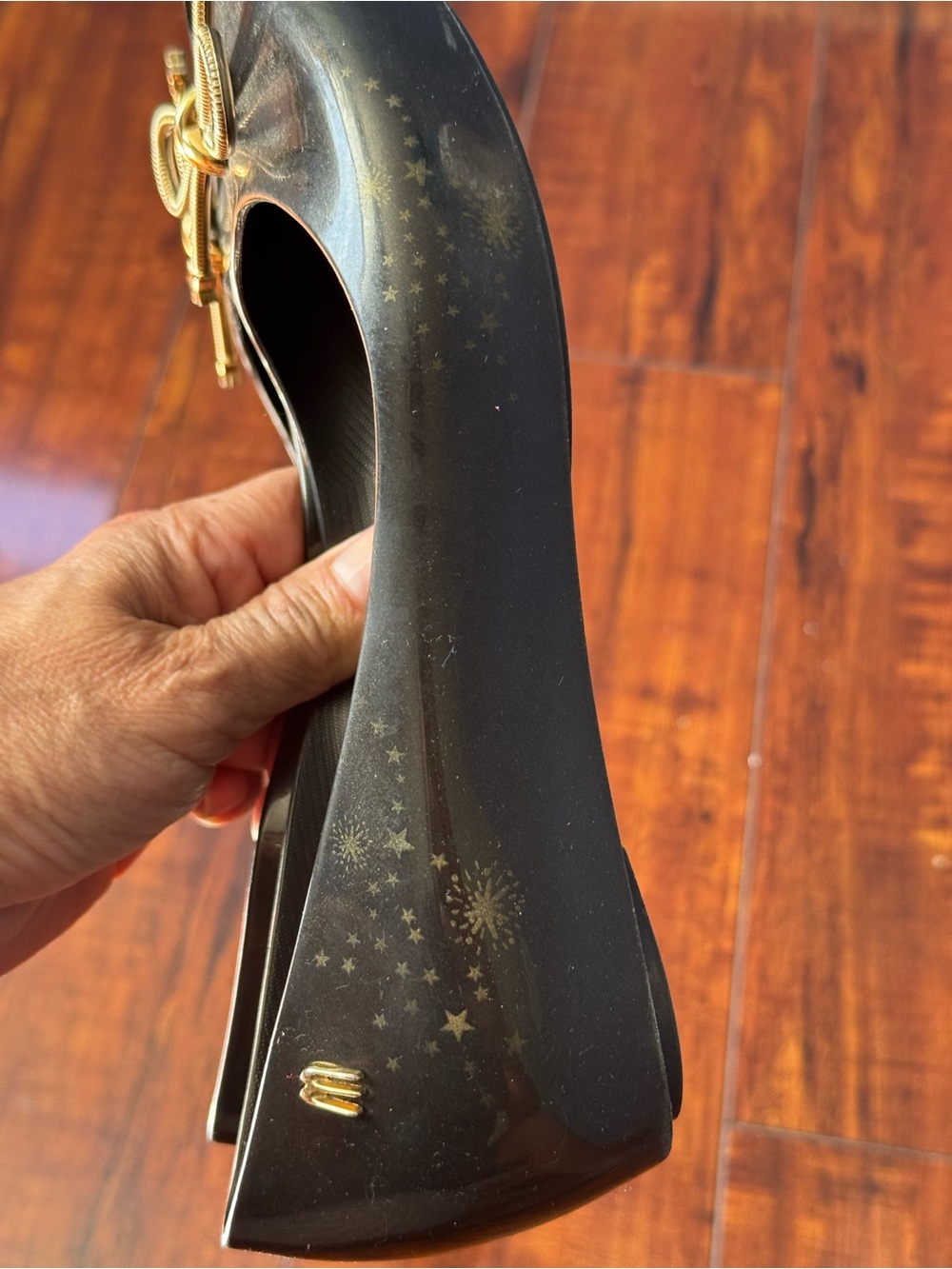 Mel by Melissa kids Black Jelly Bow Peep-Toe Flats with Gold Star Accents - Picture 7 of 10